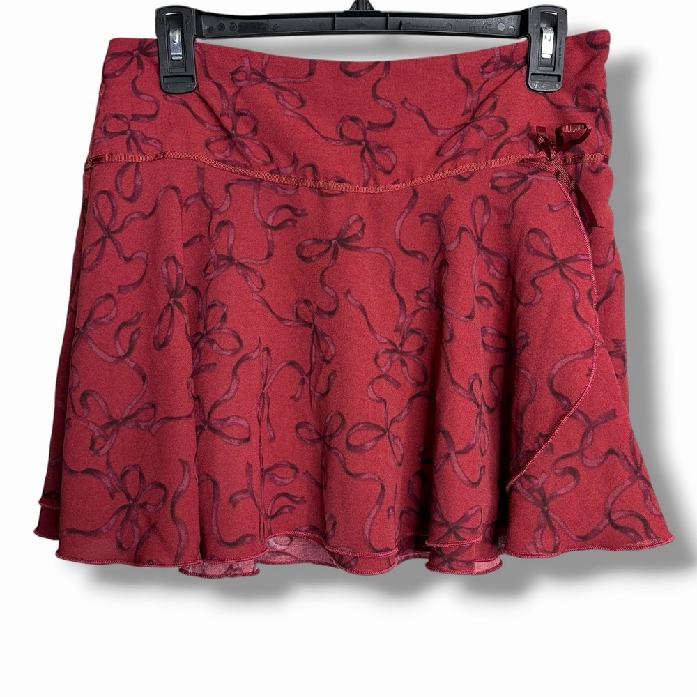Aéropostale Burgundy Bow Print Chiffon Skater Skort Zip Lined‎ Small Y2k Mini
